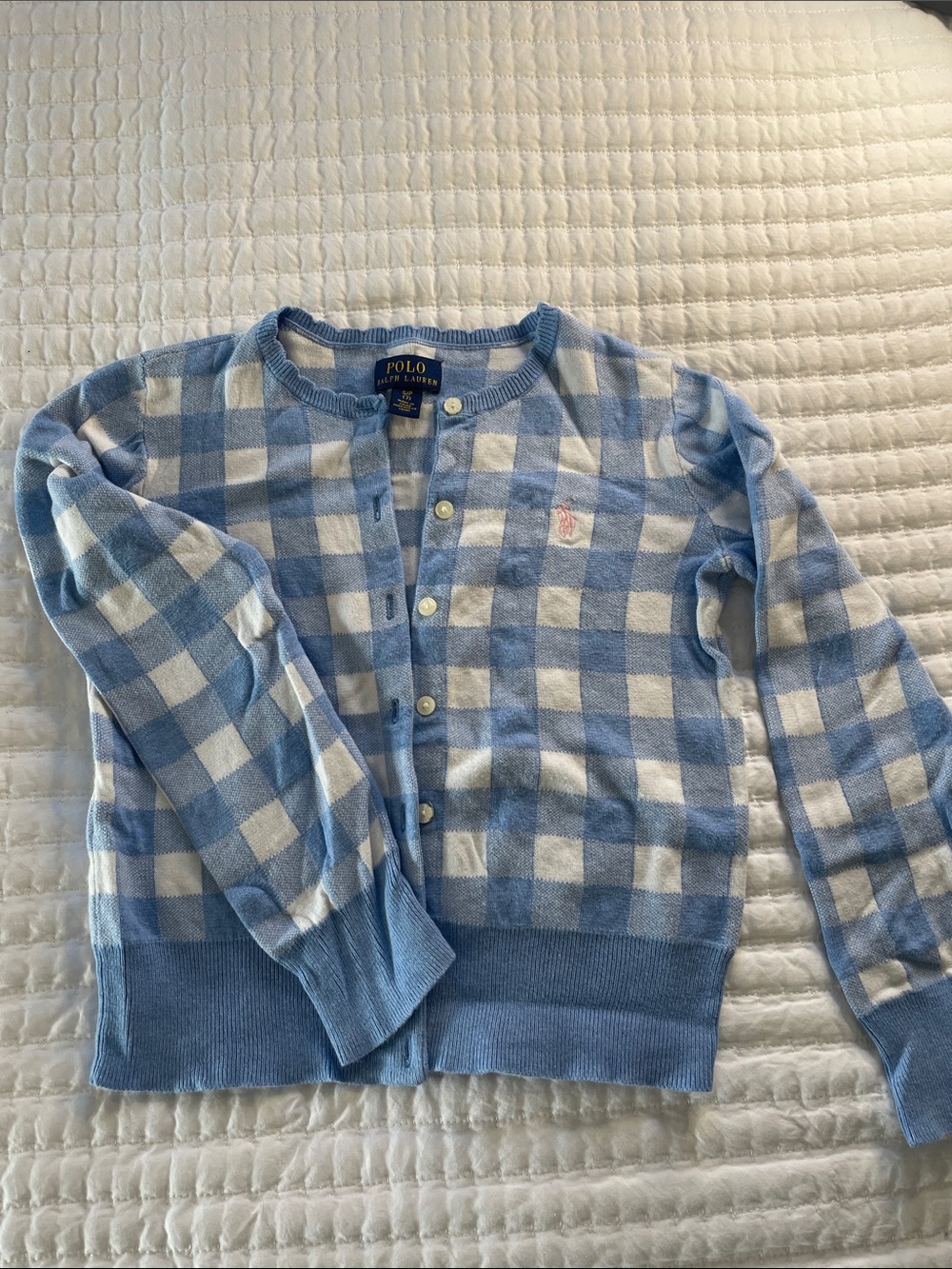 Polo by Ralph Lauren Blue and White Check Knit Cardigan